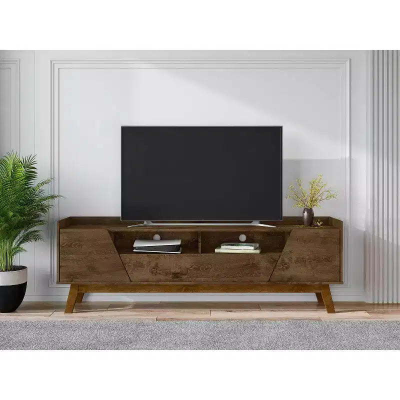 Marcus Mid-Century Modern 4 Shelf TV Stand for TVs up to 70" Rustic Brown - Manhattan Comfort: Entertainment Center with Storage