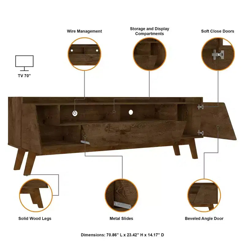 Marcus Mid-Century Modern 4 Shelf TV Stand for TVs up to 70" Rustic Brown - Manhattan Comfort: Entertainment Center with Storage