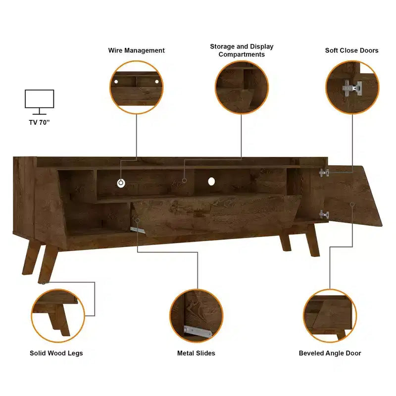 Marcus Mid-Century Modern 4 Shelf TV Stand for TVs up to 70" Rustic Brown - Manhattan Comfort: Entertainment Center with Storage