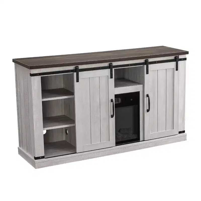 Electric Fireplace Saw Cut TV Stand for TVs up to 60": Home Essentials, Barn Door Console, Cable Management