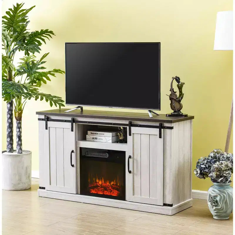 Electric Fireplace Saw Cut TV Stand for TVs up to 60": Home Essentials, Barn Door Console, Cable Management