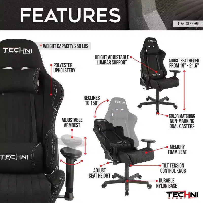 Sedia da gioco in tessuto ergonomica con schienale alto stile racer, nera - Techni Sport: Ufficio, girevole, supporto lombare