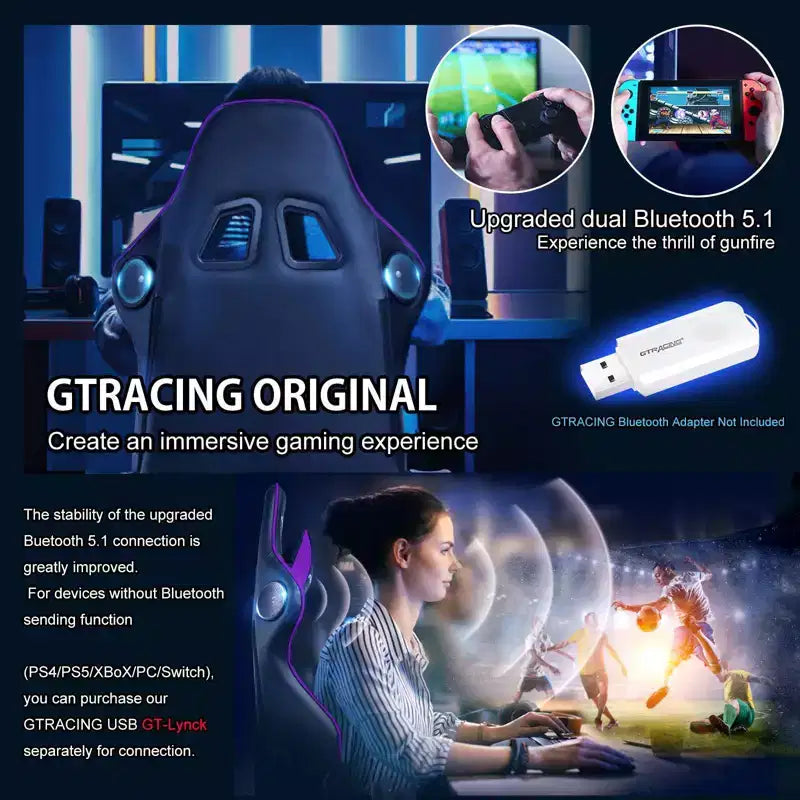 Sedia da gaming GTRACING con altoparlanti Bluetooth, sedia da ufficio in PU con schienale alto, viola