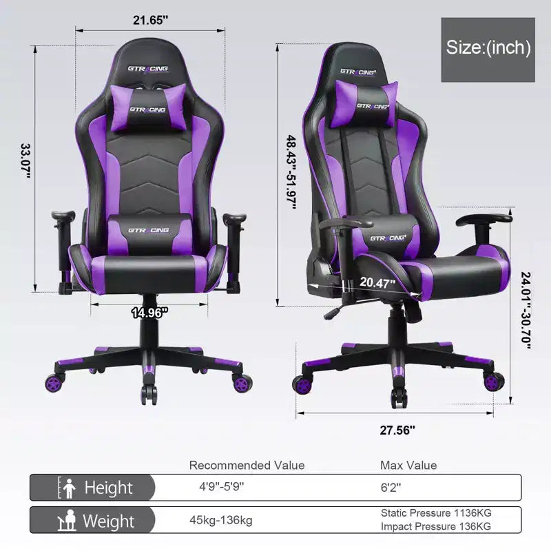 Sedia da gaming GTRACING con altoparlanti Bluetooth, sedia da ufficio in PU con schienale alto, viola