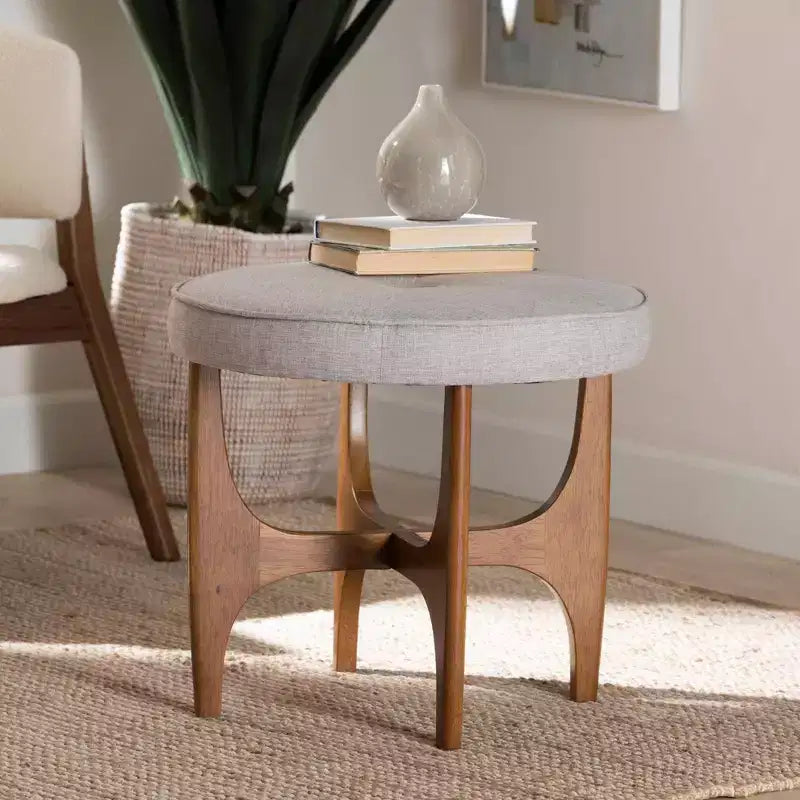 Theo Fabric and Wood Ottoman Footstool Grayish Beige/Walnut Brown - Baxton Studio