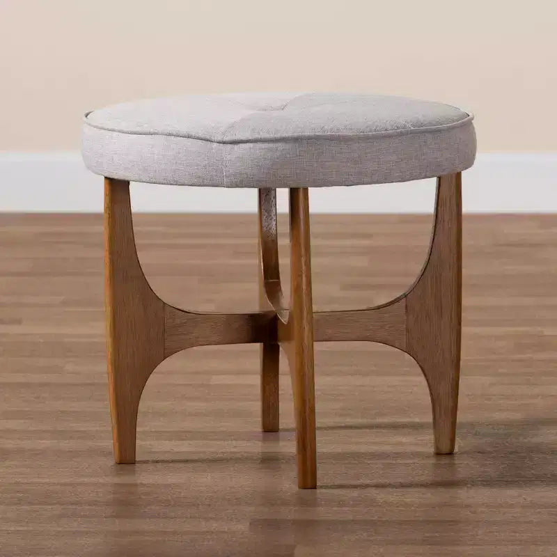 Theo Fabric and Wood Ottoman Footstool Grayish Beige/Walnut Brown - Baxton Studio