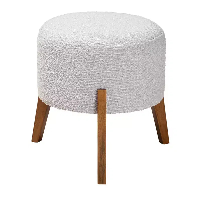 Elkie Fabric and Wood Ottoman Footstool Light Gray/Walnut Brown - Baxton Studio: Japandi Inspired, Boucle Upholstery, Tapered Legs