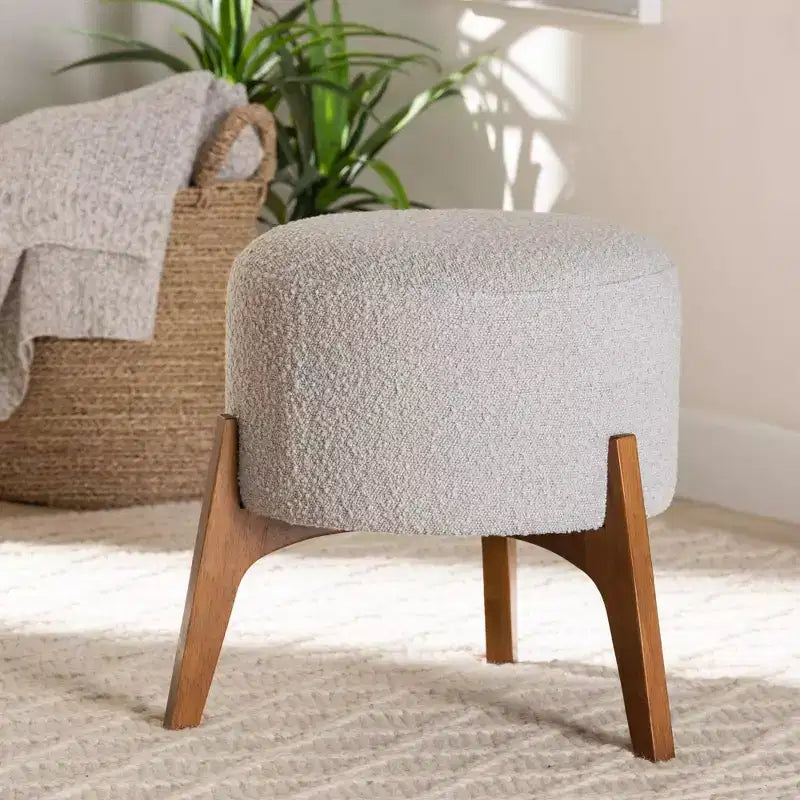 Elkie Fabric and Wood Ottoman Footstool Light Gray/Walnut Brown - Baxton Studio: Japandi Inspired, Boucle Upholstery, Tapered Legs