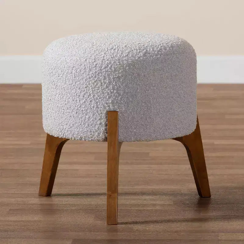 Elkie Fabric and Wood Ottoman Footstool Light Gray/Walnut Brown - Baxton Studio: Japandi Inspired, Boucle Upholstery, Tapered Legs