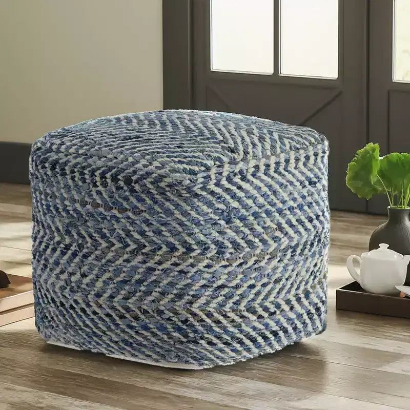Signature Design by Ashley Chevron Pouf Blue: Modern Square Upholstered Ottoman, No Assembly Required