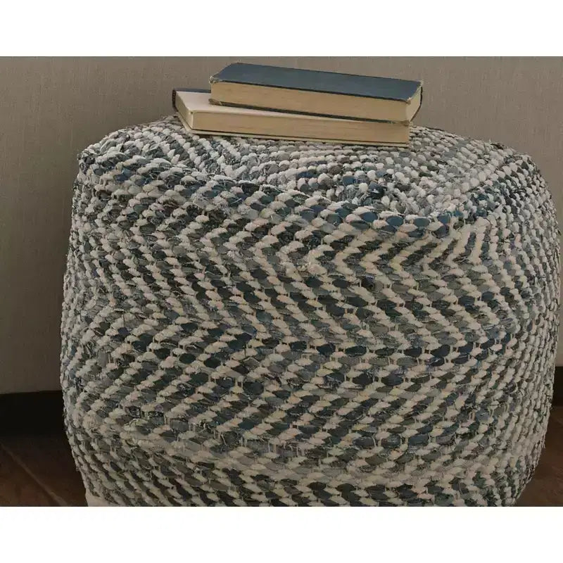 Signature Design by Ashley Chevron Pouf Blue: Modern Square Upholstered Ottoman, No Assembly Required