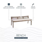 52" Bessie Solid Wood Rattan and Polyester Upholstered Bench Brown - Powell: Cane Back, Wooden Design