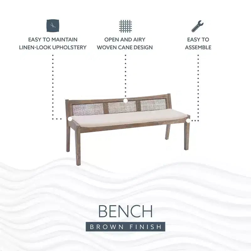 52" Bessie Solid Wood Rattan and Polyester Upholstered Bench Brown - Powell: Cane Back, Wooden Design