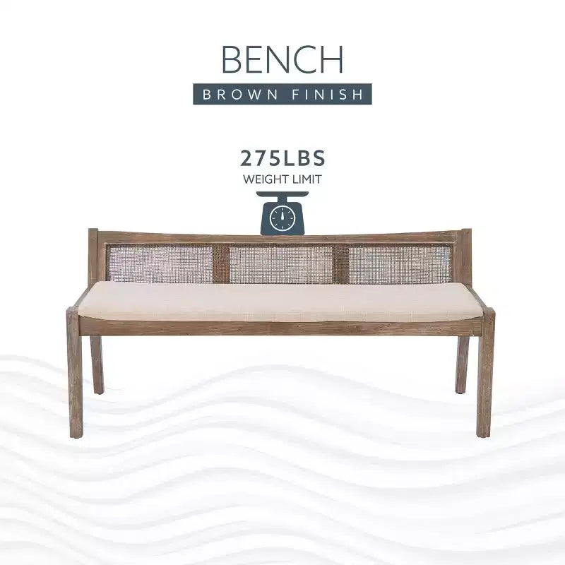 52" Bessie Solid Wood Rattan and Polyester Upholstered Bench Brown - Powell: Cane Back, Wooden Design