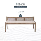52" Bessie Solid Wood Rattan and Polyester Upholstered Bench Brown - Powell: Cane Back, Wooden Design