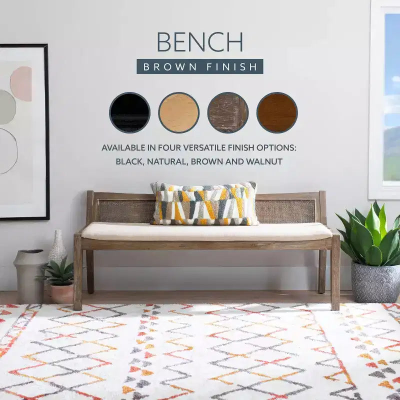 52" Bessie Solid Wood Rattan and Polyester Upholstered Bench Brown - Powell: Cane Back, Wooden Design