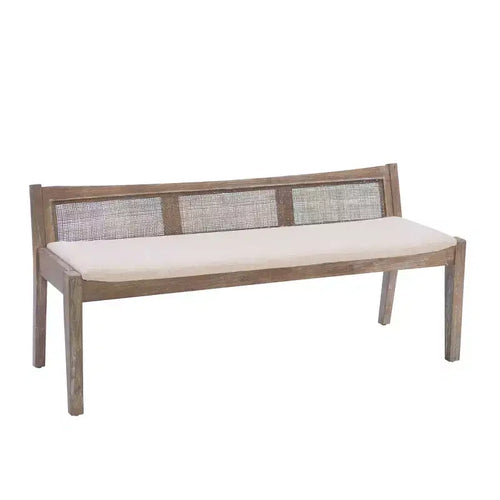 Panca Bessie 52" in legno massiccio, rattan e poliestere imbottita marrone - Powell: Schienale in canna, Design in legno