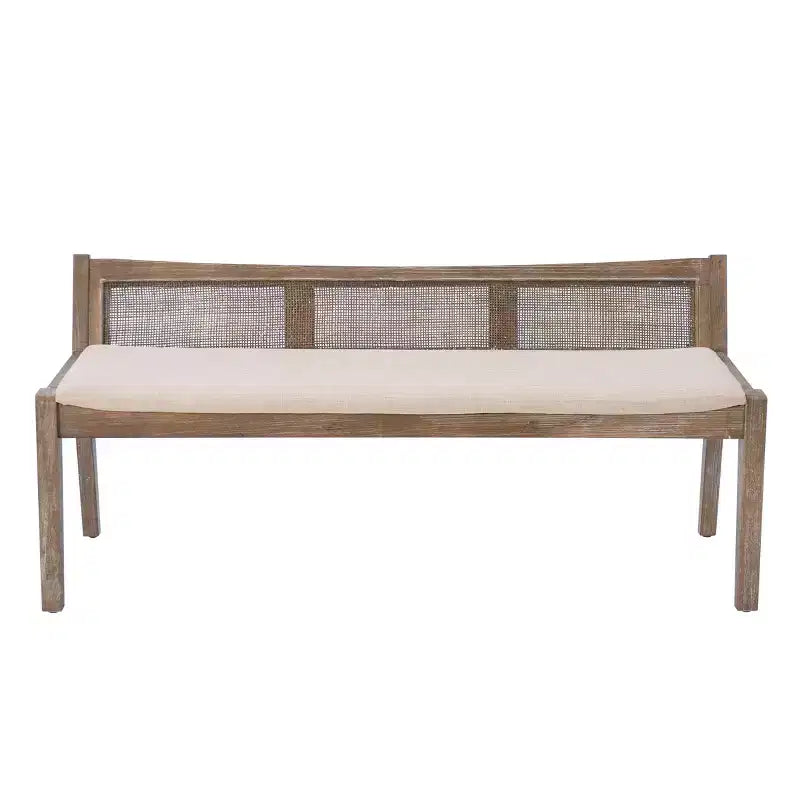 52" Bessie Solid Wood Rattan and Polyester Upholstered Bench Brown - Powell: Cane Back, Wooden Design