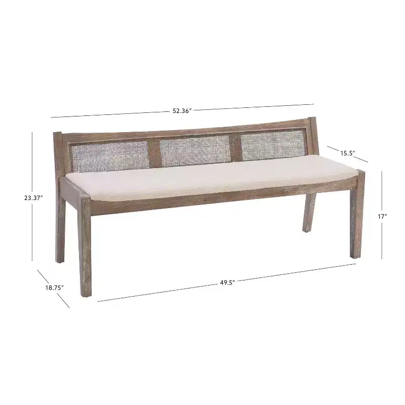 52" Bessie Solid Wood Rattan and Polyester Upholstered Bench Brown - Powell: Cane Back, Wooden Design