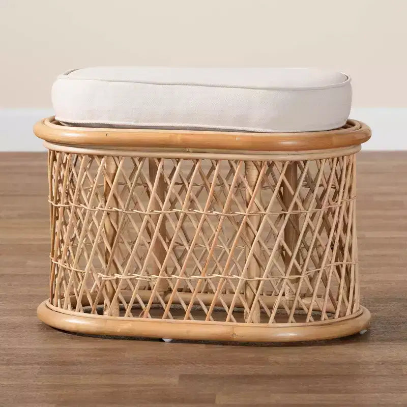 bali & pari Ladonna Natural Rattan Ottoman Footstool Natural: Upholstered Indoor Bench, Oval Shape, No Assembly Required