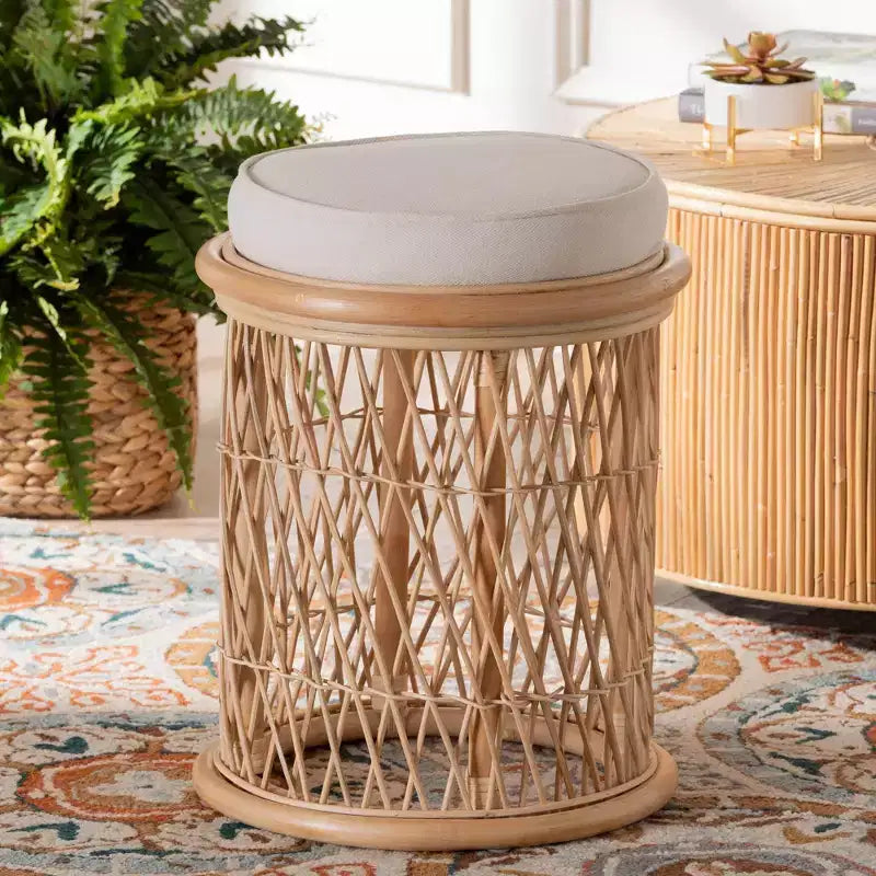 bali & pari Junius Natural Rattan Ottoman Footstool: Handcrafted, Bohemian, No Assembly Required