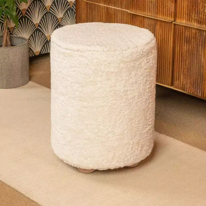 Storied Home Square Cotton Velvet Pouf with Piped Detail Cream: Upholstered Footstool, Pine Wood Base, 330lbs Capacity