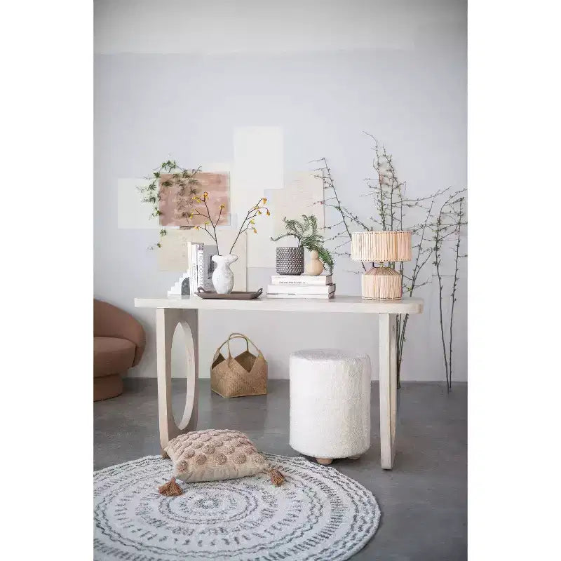 Storied Home Square Cotton Velvet Pouf with Piped Detail Cream: Upholstered Footstool, Pine Wood Base, 330lbs Capacity