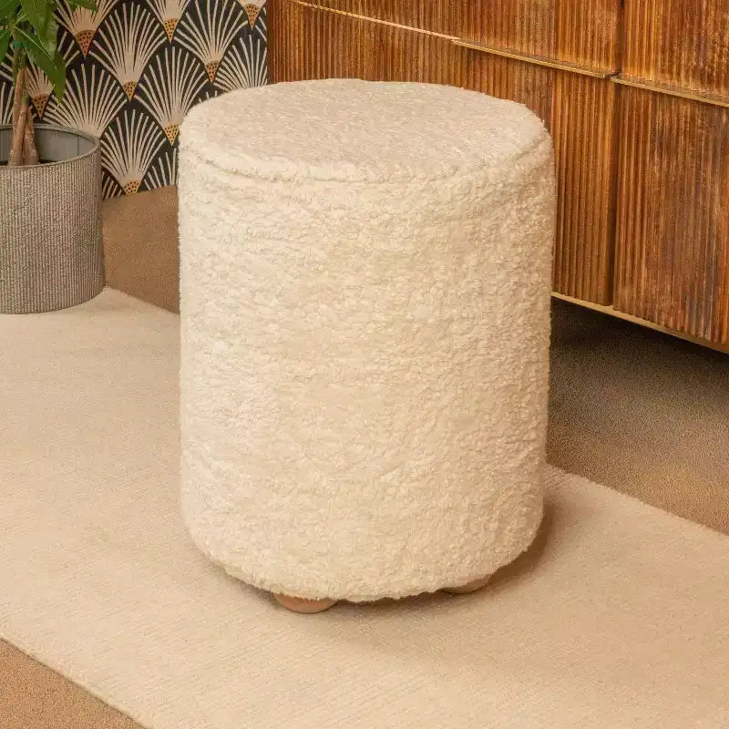 Storied Home Square Cotton Velvet Pouf with Piped Detail Cream: Upholstered Footstool, Pine Wood Base, 330lbs Capacity
