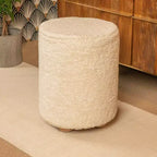 Storied Home Square Cotton Velvet Pouf with Piped Detail Cream: Upholstered Footstool, Pine Wood Base, 330lbs Capacity