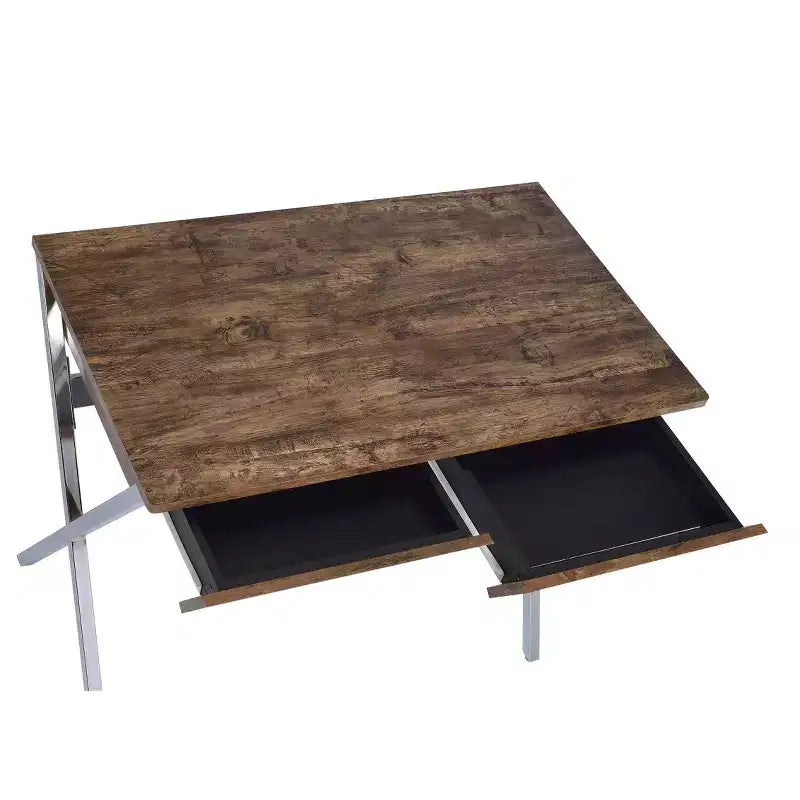 Scrivanie per call center Acme Furniture da 36" in rovere stagionato e finitura cromata: struttura in metallo, superficie in legno, ripiano portaoggetti aperto