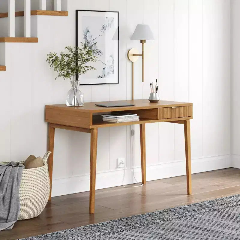 Nathan James Scrivania Boho in Legno Scanalato con Cassetto e Vano Aperto Marrone Naturale: Superficie Impiallacciata, Struttura in Legno, Pulizia a Macchia, 79 cm A x 109 cm L x 61 cm P