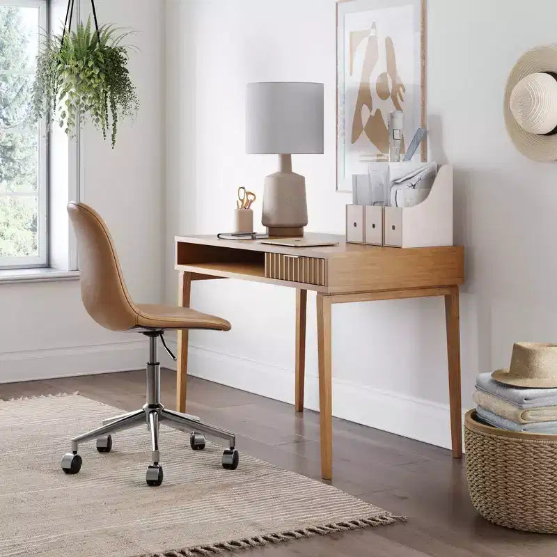 Nathan James Scrivania Boho in Legno Scanalato con Cassetto e Vano Aperto Marrone Naturale: Superficie Impiallacciata, Struttura in Legno, Pulizia a Macchia, 79 cm A x 109 cm L x 61 cm P