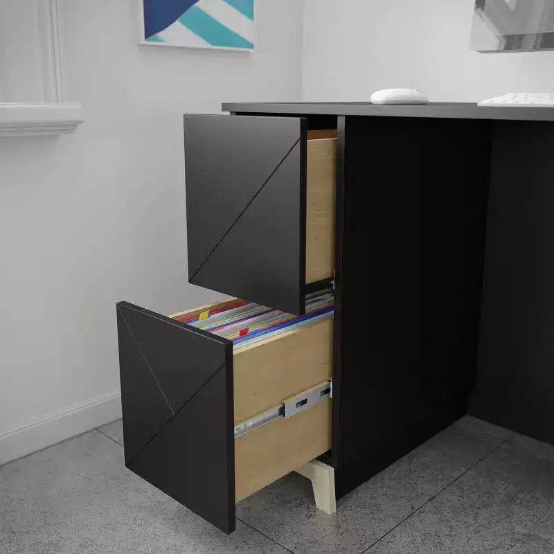 Scrivania Nexera Atypik a 2 cassetti Nera/Compensato Betulla: MDF laccato, ripiano portaoggetti aperto, richiede montaggio da adulto