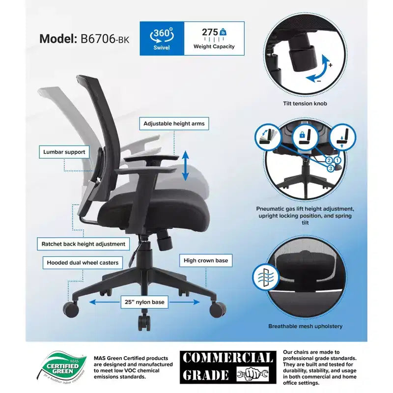 Boss Office Products Mesh Back Task Chair Black: Ergonomic, Adjustable Arms, Swivel, Nylon Legs
