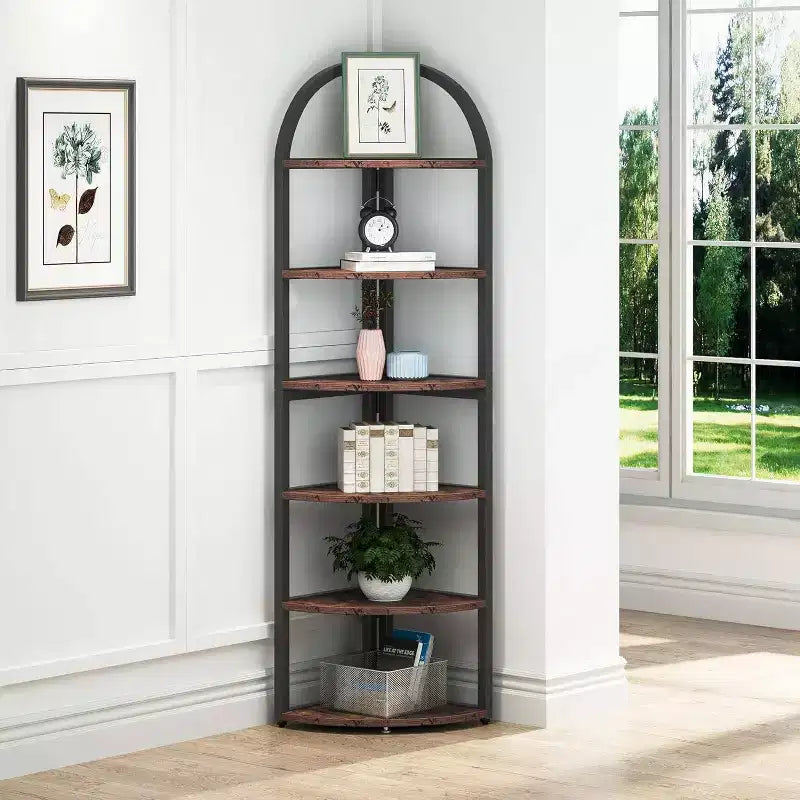 LITTLE TREE 70.87" Tall 6 Tier Corner Bookcase for Home Office Brown