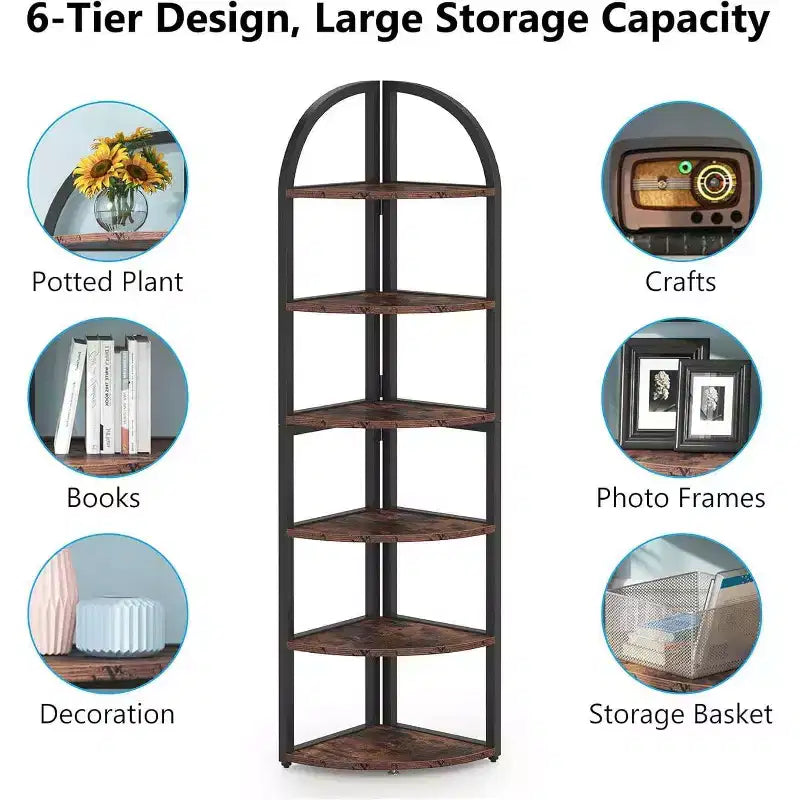 LITTLE TREE 70.87" Tall 6 Tier Corner Bookcase for Home Office Brown
