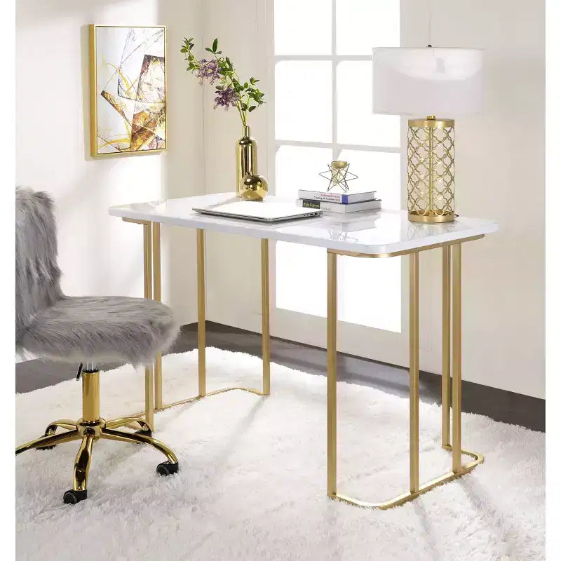 Scrivania Estie Acme Furniture Bianca/Oro: Ufficio Elegante, Tavolo Studio per Ragazzi e Bambini, Senza Spazio di Archiviazione