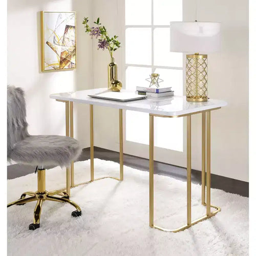 Acme Furniture Estie Writing Desk White/Gold: Chic Home Office, Teen & Kids' Study Table, No Storage