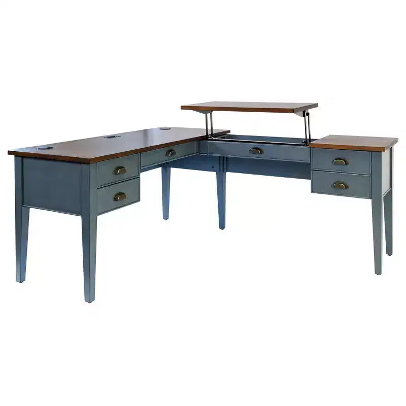 Scrivania a piedistallo a L aperta blu - Collezione Fairmont - Martin Furniture: Legno, Stazione di ricarica, Porta USB
