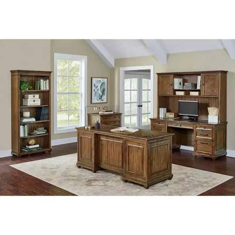 74" Porter Traditional Wood Open Bookcase Brown - Martin Furniture: Vintage Herringbone, No Assembly Required