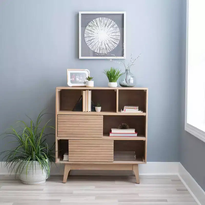 38" Wedeln 3-Shelf Mid-Century Modern Bookcase with Sliding Doors Natural Finish Wood - Powell