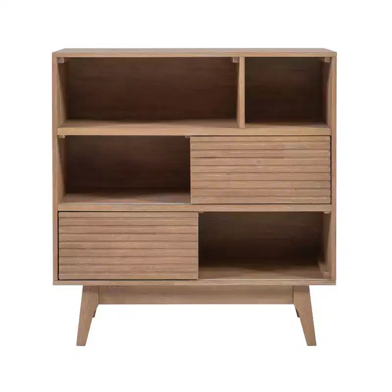 38" Wedeln 3-Shelf Mid-Century Modern Bookcase with Sliding Doors Natural Finish Wood - Powell