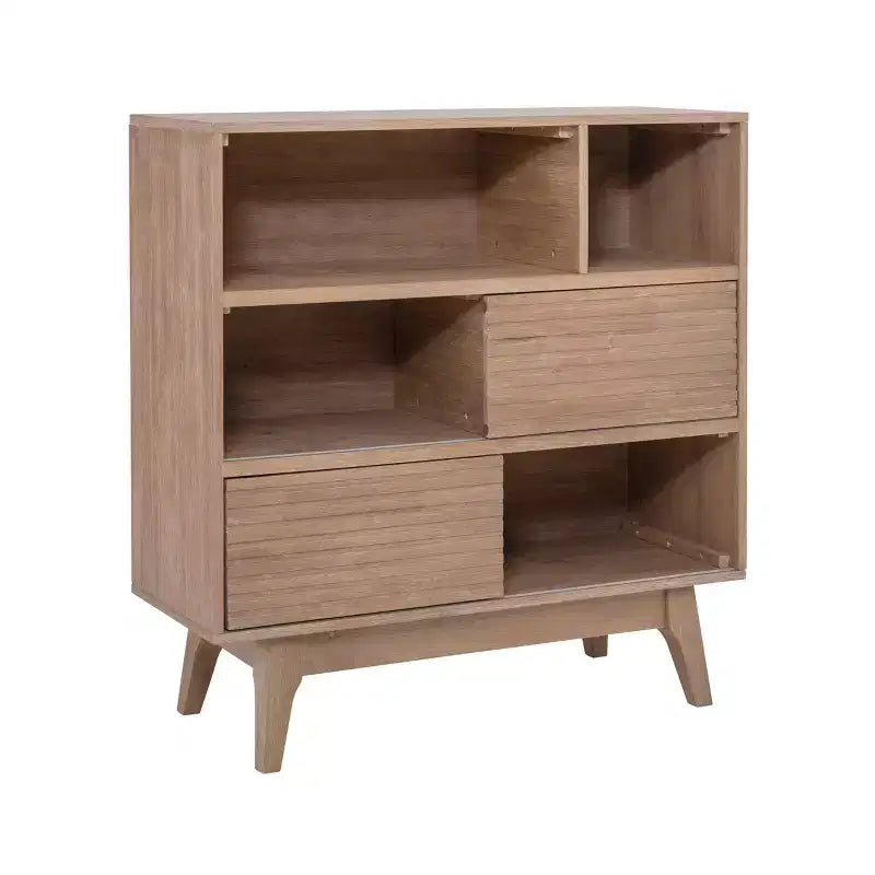 38" Wedeln 3-Shelf Mid-Century Modern Bookcase with Sliding Doors Natural Finish Wood - Powell
