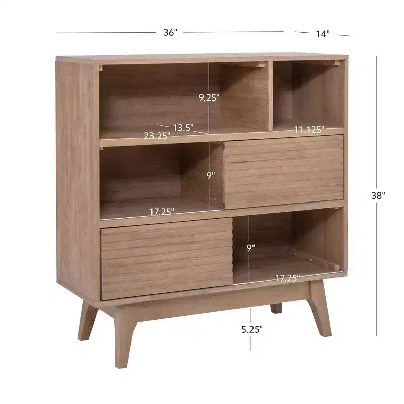 38" Wedeln 3-Shelf Mid-Century Modern Bookcase with Sliding Doors Natural Finish Wood - Powell