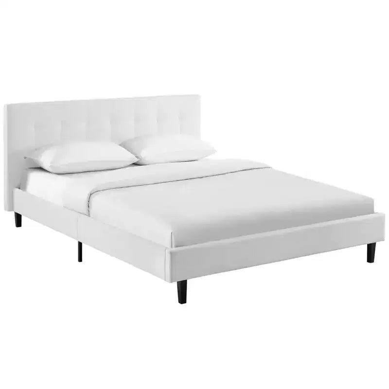 Modway Letto Matrimoniale Linnea Bianco: Tessuto in Poliestere Imbottito, Gambe in Legno Massello, Supporto a Doghe, Nessuna Molla Necessaria