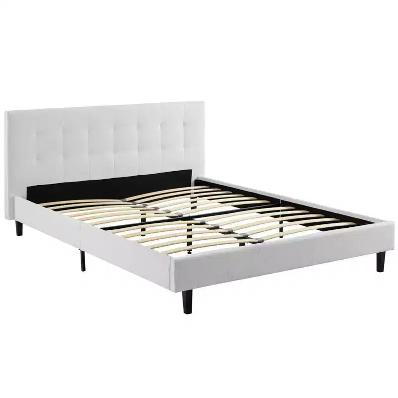 Modway Full Linnea Bed White: Upholstered Polyester Fabric, Solid Wood Legs, Slatted Support, No Box Spring Needed