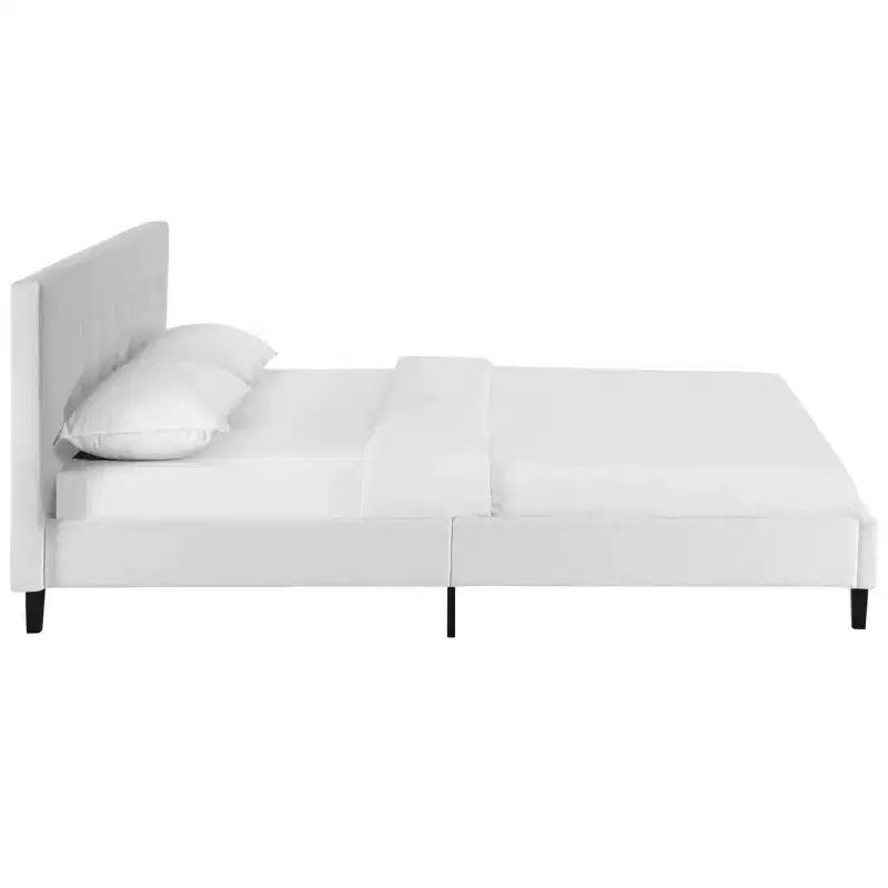 Modway Full Linnea Bed White: Upholstered Polyester Fabric, Solid Wood Legs, Slatted Support, No Box Spring Needed