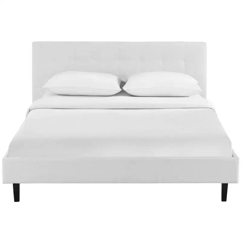 Modway Full Linnea Bed White: Upholstered Polyester Fabric, Solid Wood Legs, Slatted Support, No Box Spring Needed