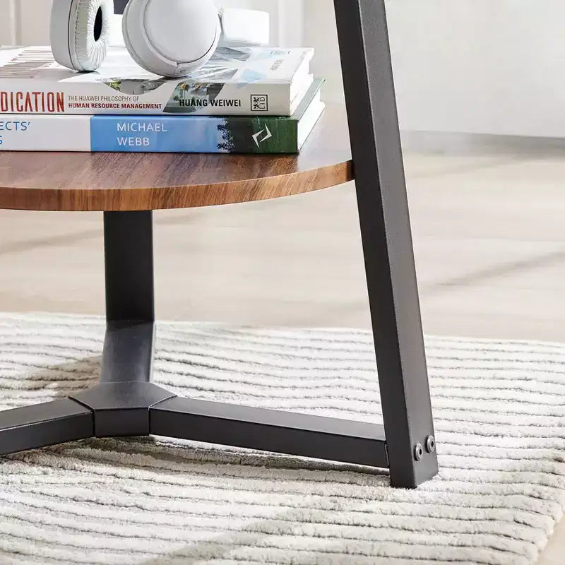 Danya B. 23.3"x19.7" Mason Round 2 Tier Mid-Century Side Accent Table with Modern Pedestal Legs Walnut/Black: Space-Saving, MDF Laminate