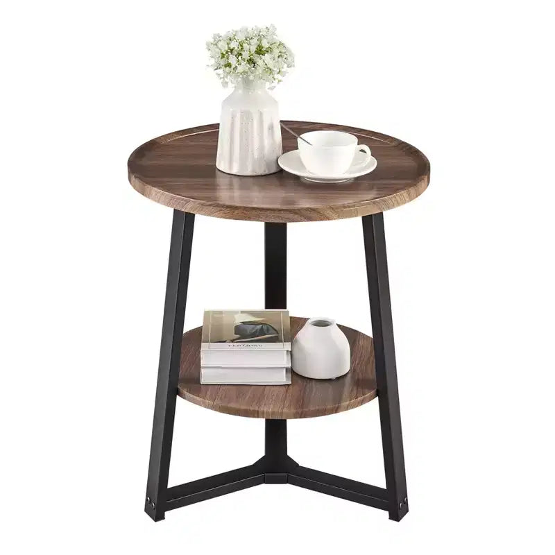 Danya B. 23.3"x19.7" Mason Round 2 Tier Mid-Century Side Accent Table with Modern Pedestal Legs Walnut/Black: Space-Saving, MDF Laminate